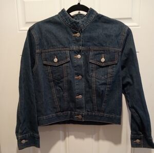 Denim Crop Jacket - Dark Blue Women’s Jean Jacket With Crew Neck